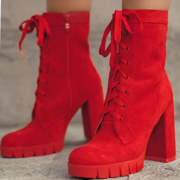 Just In Red Lace Up Faux Suede Booties - Picture 4 of 4